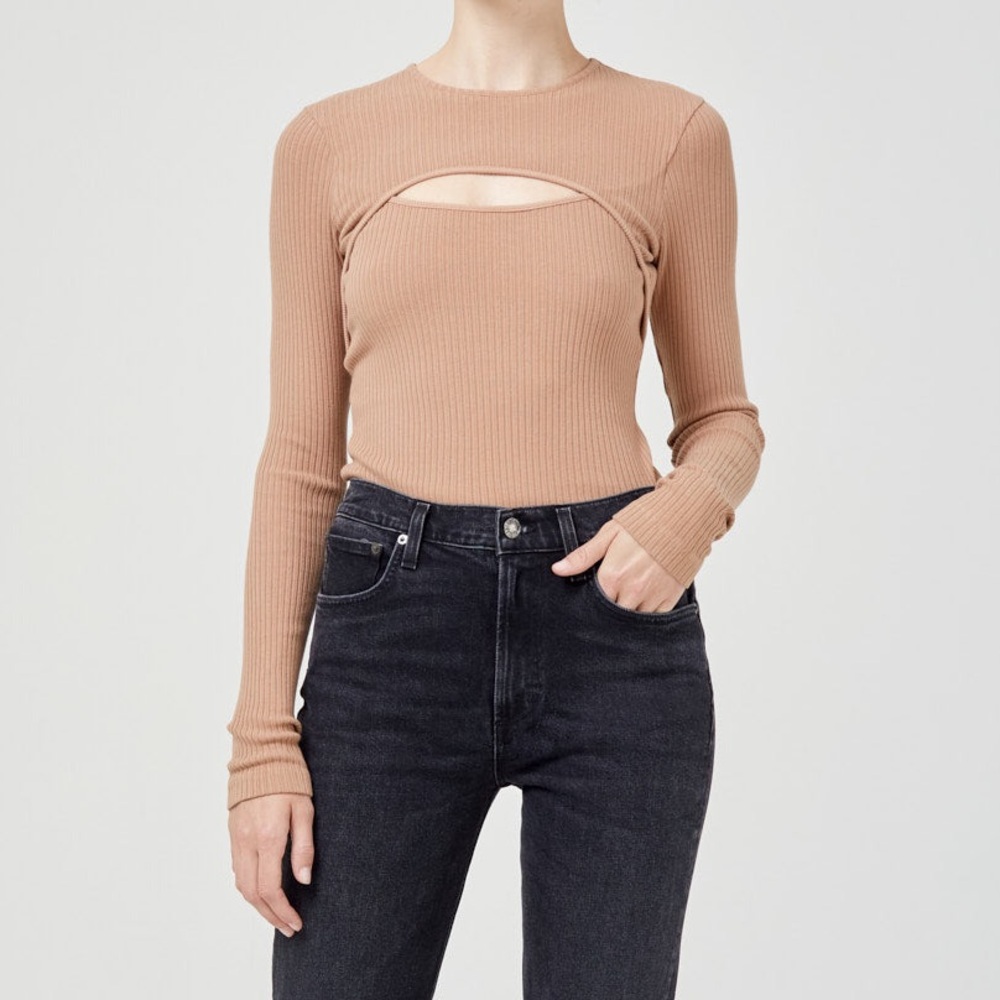 Agolde Lyza Cutout Ribbed Cotton Top in Pantyhose